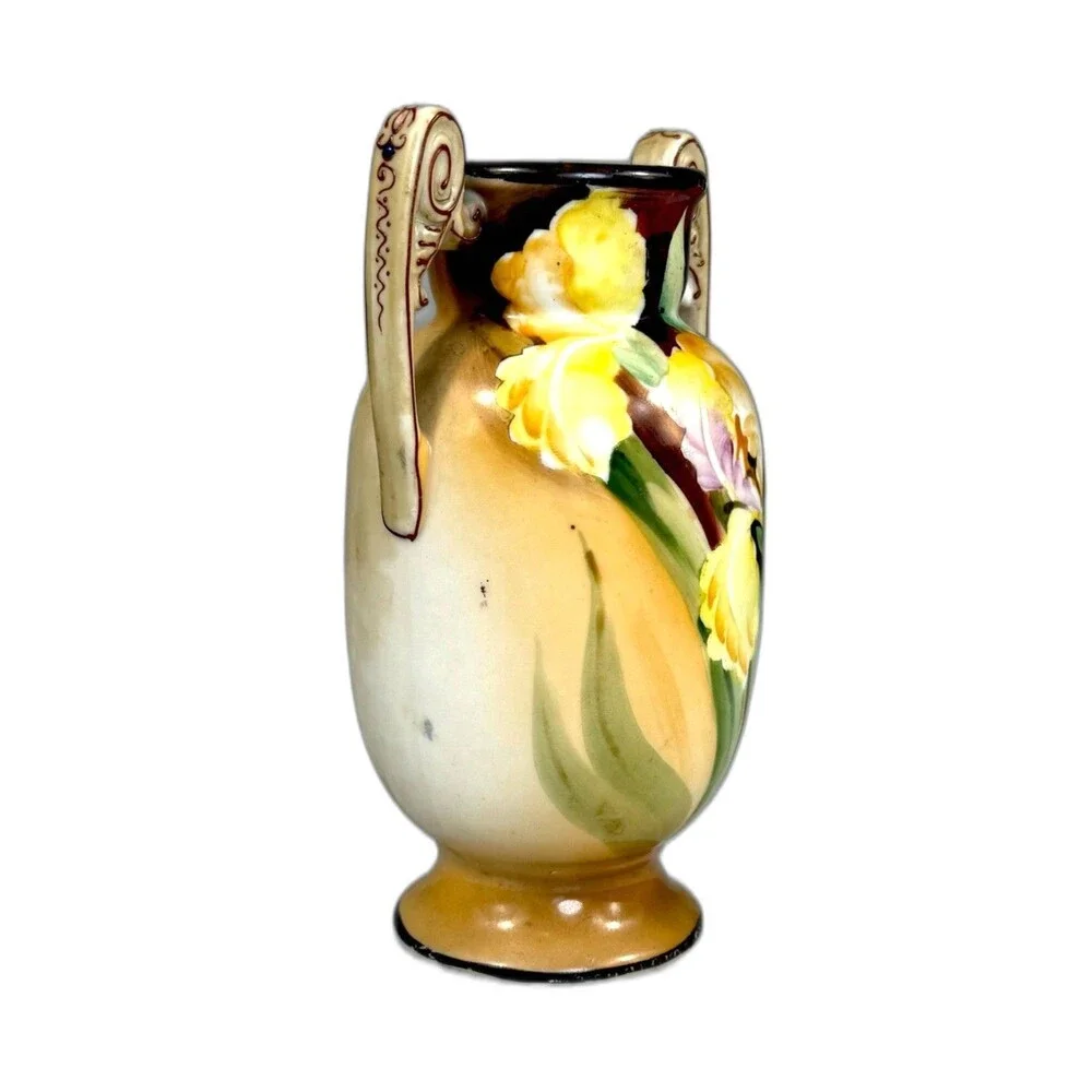 Antique Nippon Hand Painted Vase Morimura M in Wreath Two Handled Iris Floral